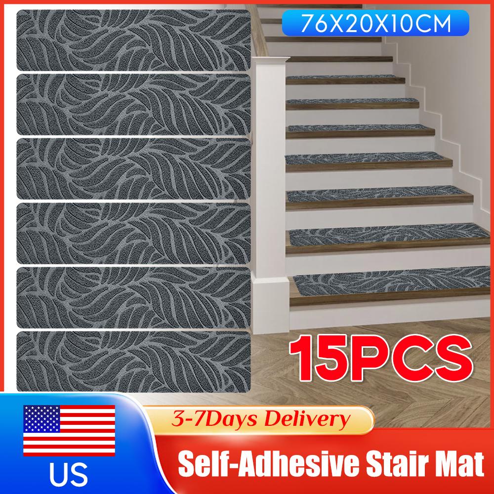 15pcs AntiSlip Self-Adhesive Stair Mat 76x20cm Tread Carpet Washable Step Pad Floor Rug for Indoor Home Living Room Stairs Decor