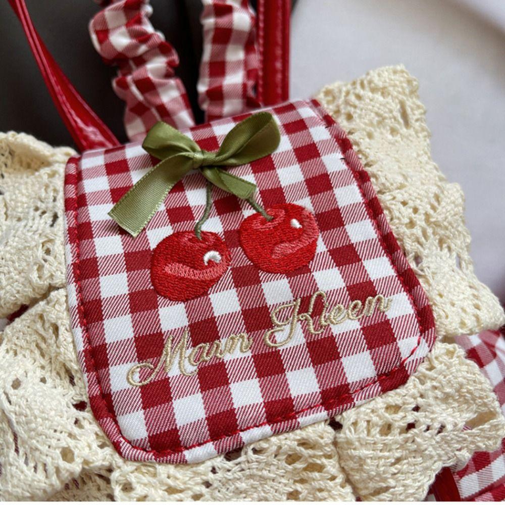 Canvas Lace Plaid Backpack Korean Style Bow Shoulder Bag Multi Functional Cherry Backpack  College