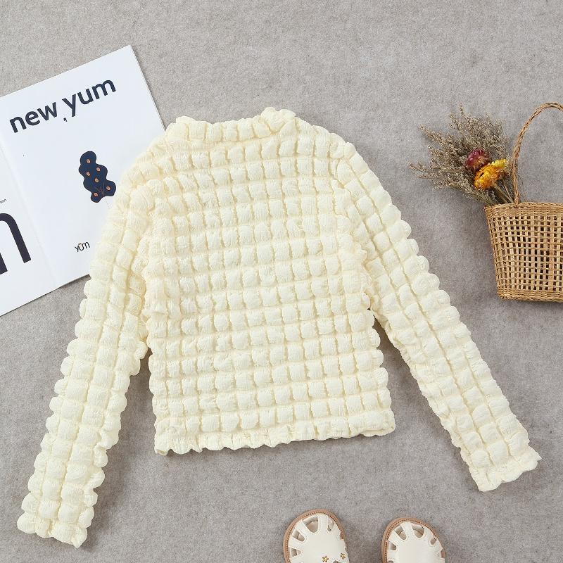 Girls Foam Puff Design Knitted Top Solid Color Waffle Long Sleeved T-shirt Round Neck Clothing