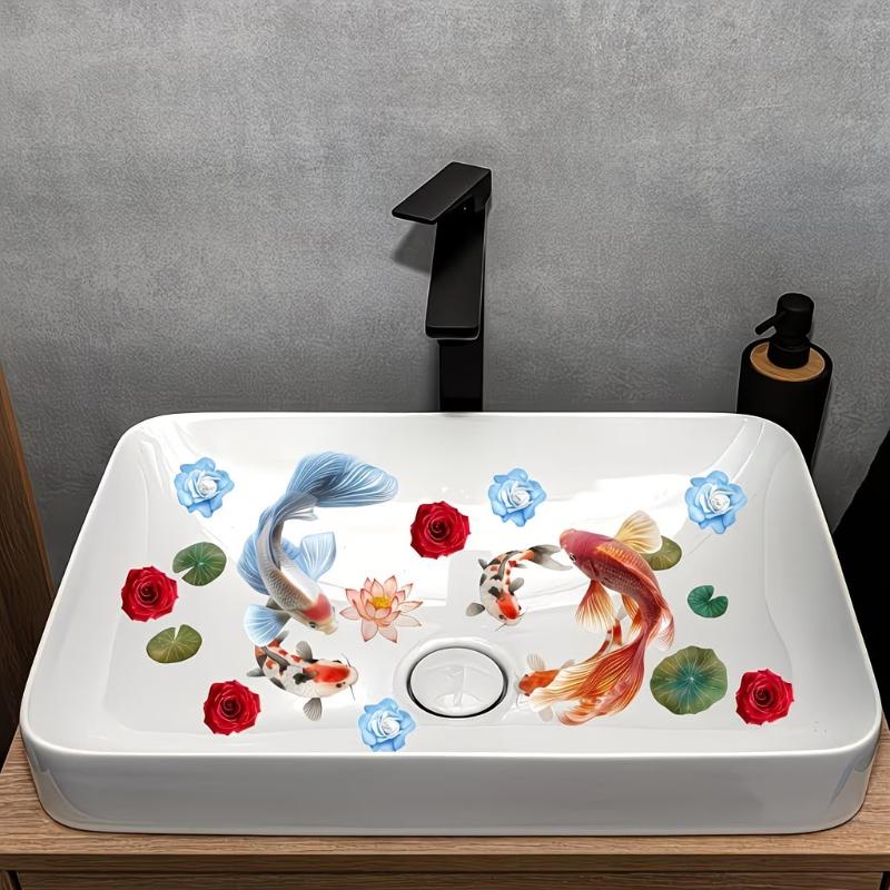 Lucky Koi And Floral Washbasin Sticker Self-Adhesive Waterproof Removable Bathroom Sticker, Wall Bathroom Sink Decal Home Decor