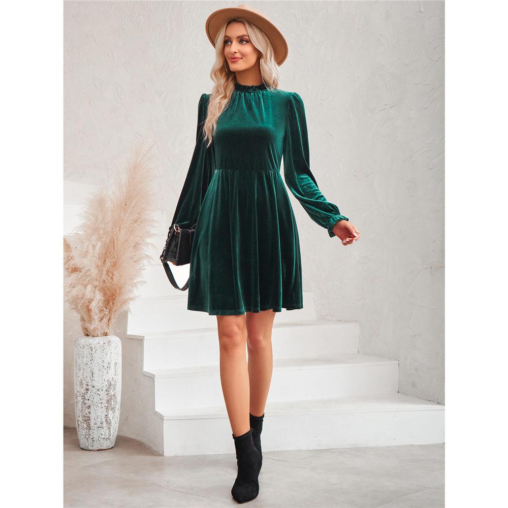 Samtkleid für Damen Winter Casual Hoher Hals Samt Einfarbig Schlanke Taille Kleid Herbst Winter Promi Partykleider