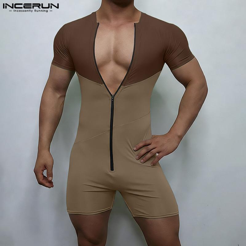 INCERUN Combinaisons Rompers Sous-vêtements Vêtements d'intérieur pour Hommes à Manches Courtes avec Fermeture Éclair et Coutures