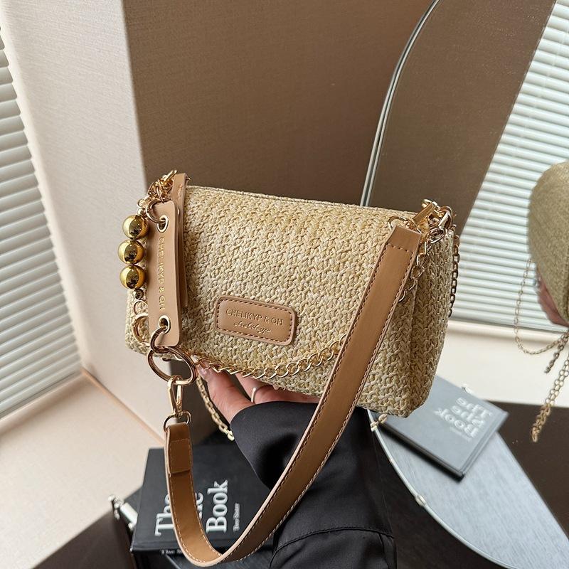

Niche design straw woven bag women s summer new versatile chain crossbody bag single shoulder underarm pillow bag хаки