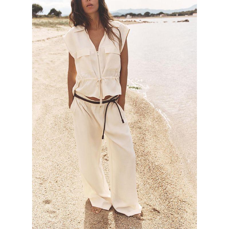 Summer New Arrival Safari Jacket V Neck Unisex Style Tops 1971140 Elastic Waist Wide Leg Pants 1971040