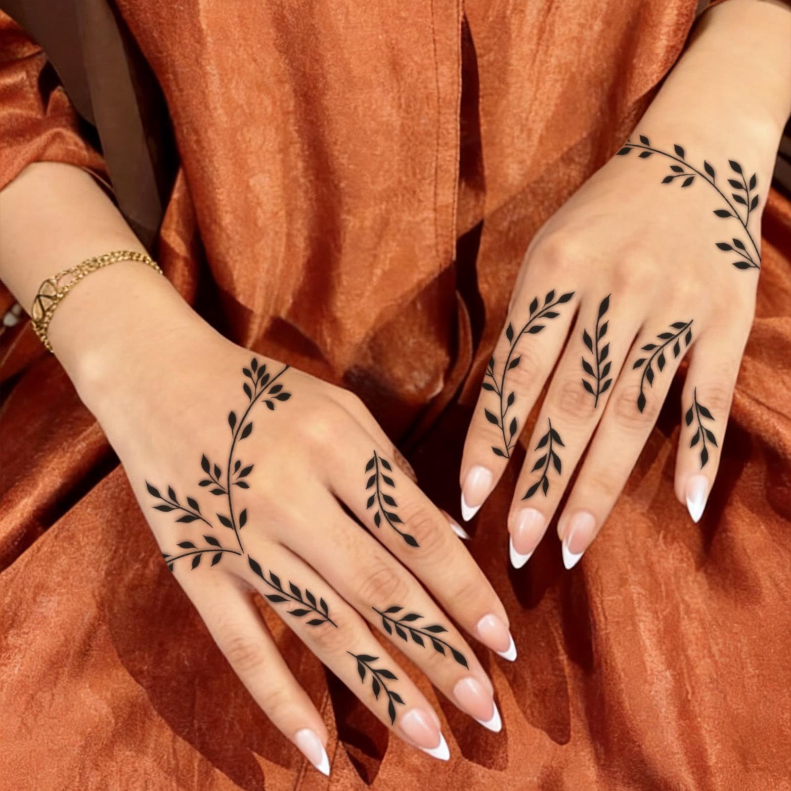 Glow Makeup Unisex Minimal Branch And Leaf Tattoo Stickers, Waterproof And Long-Lasting, Thin Line Vines, Finger Tattoos On The Back Of Girls' Hands