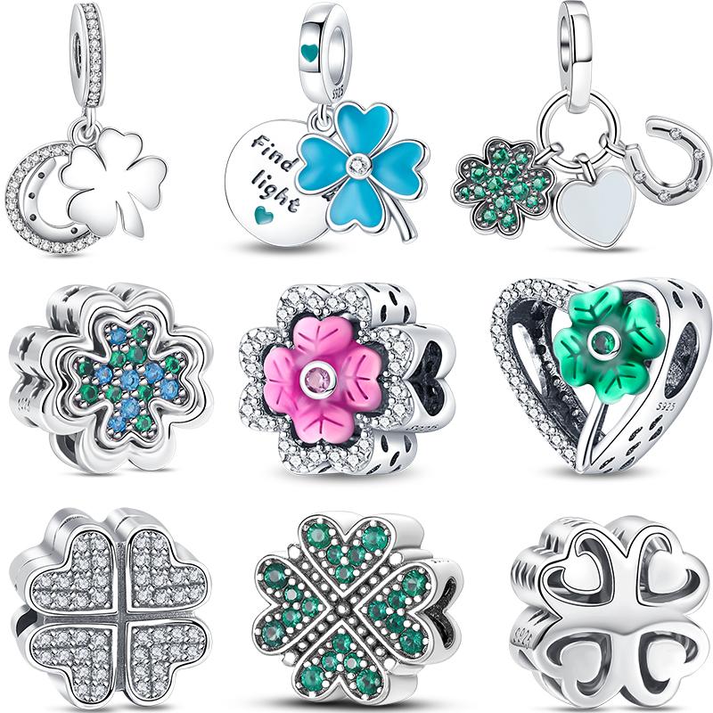 Four Leaf Clover Charms Fit Original Pantaro Bracelet For Woman DIY Zircon Making 925 Sterling copper  Green Series Beads Gifts