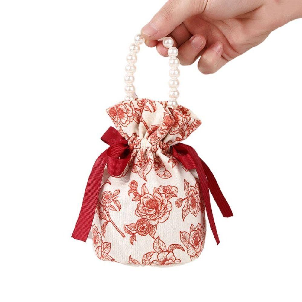 Ribbon Bow Canvas Flower Drawstring Bag Pearl Handle Wedding Festive Sugar Bag Floral Coin Purse Wallet Bowknot Handbag Party