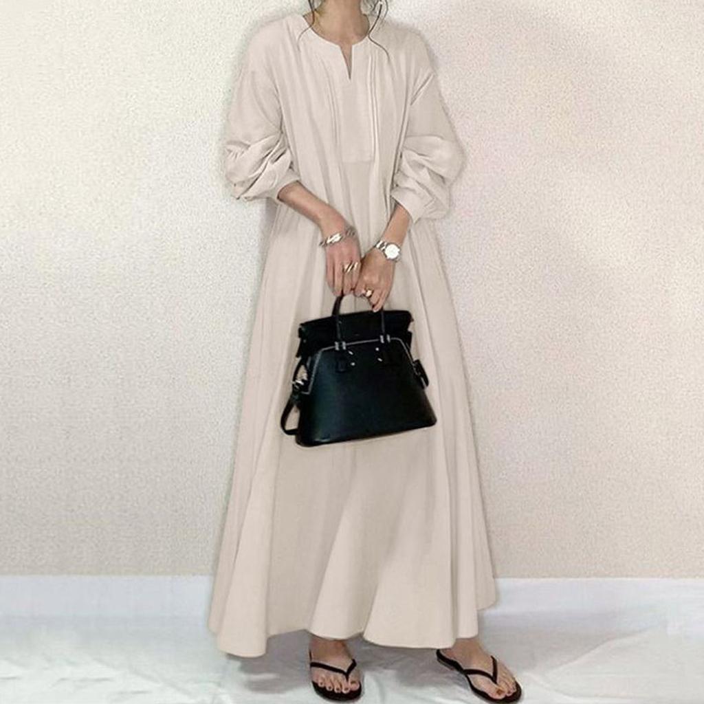 Women's Fashion Cotton Linen Lazy Style Loose Round Neck Long Knee Length Ethnic Shirt Dresses