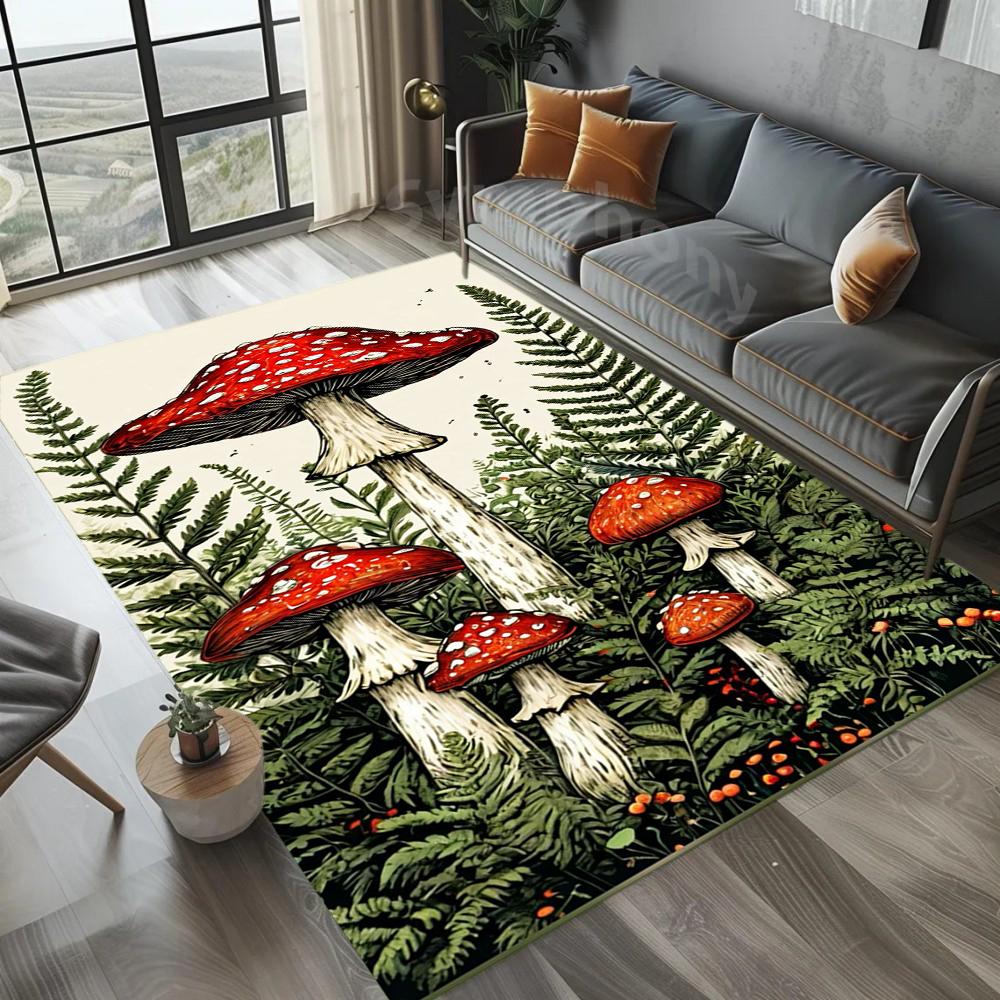 Mushroom Design Carpet Mat Rug Fern Leaves Forest Illustration Nature Pastoral Home Decoration for Living Room Bedroom Floor Mat