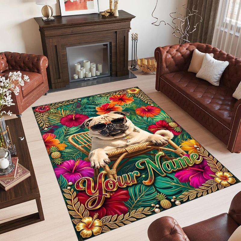 Pug Theme Crystal Velvet Floor Rug Personalized Custom Name Text Warm Carpet Home Decoration