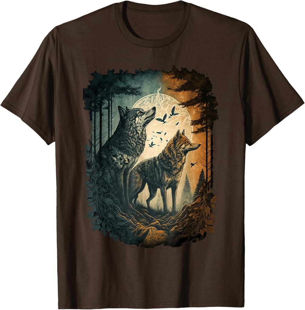 Wolf Howling Moon Forest Graphic Tee Men Women Casual Cotton Crew Neck T-Shirt Spring Autumn