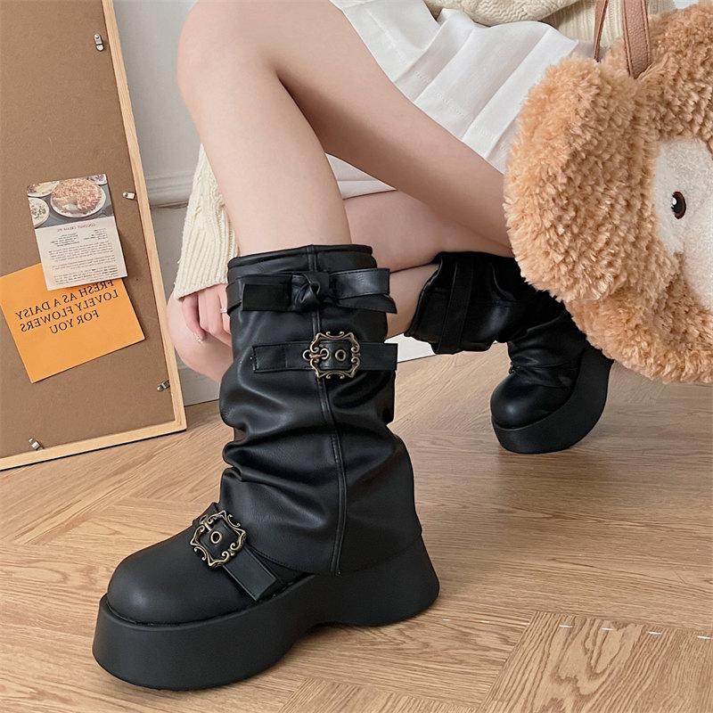 Fashion Wedges Platform Chelsea Boots Women Mid Calf Shoes Winter 2024 Designer New Fashion Goth Motorcycles Boots Casual Ankle Boots