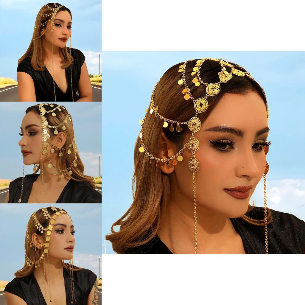 Middle Eastern Style Golden Headpiece With Tassels And Coin For Women And Festive Events