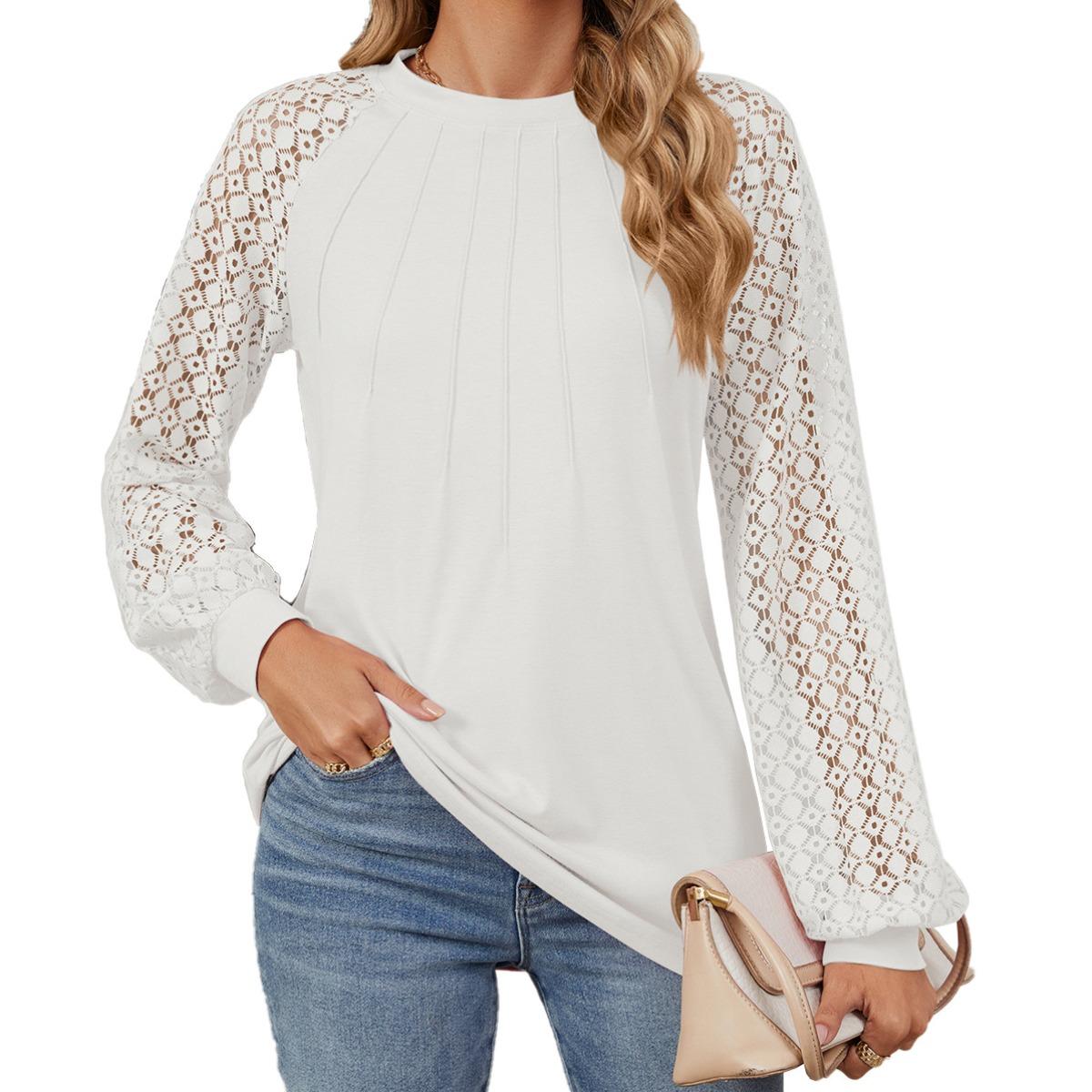 

Fall Winter New Women s Lace Patchwork Crew Neck Long Sleeve Loose T-shirt Top For Cross-border Trade S белый