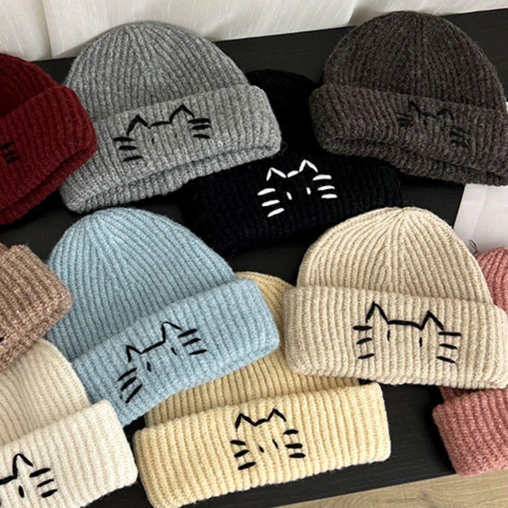 Embroidered Kitten Knit Beanies Warm Printing Knit Cap Casual Cute Cat Knitted Hat Outdoor