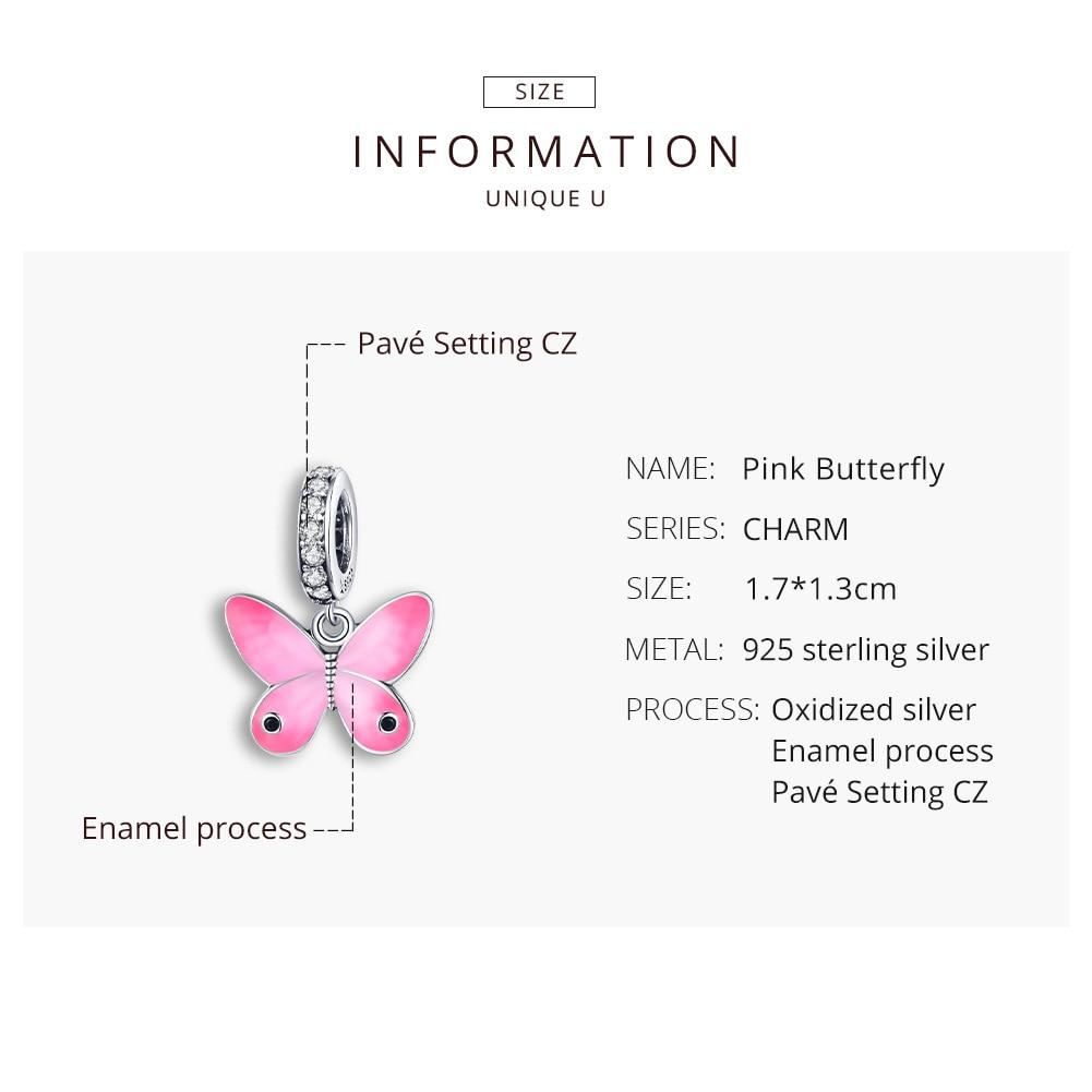 WOSTU Enamel Pink Butterfly 925 Sterling Silver Charm Pendant Fit Original Silver Bracelet Girls DIY Jewelry