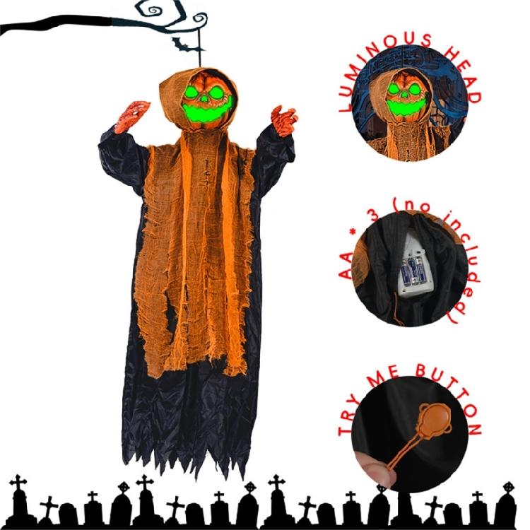 Scary Pumpkin Skeleton with Sound Effect Light up LED Eye Voice Activated Skeleton Hanging Decoration For Inside Outdoor