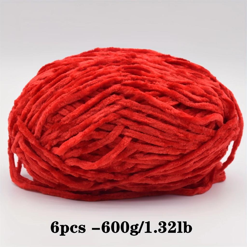 6-Pack Soft Chenille Velvet Yarn, 100g Each, 100% Polyester, Assorted Colors, for Crocheting Sweaters, Coats and DIY Crafts