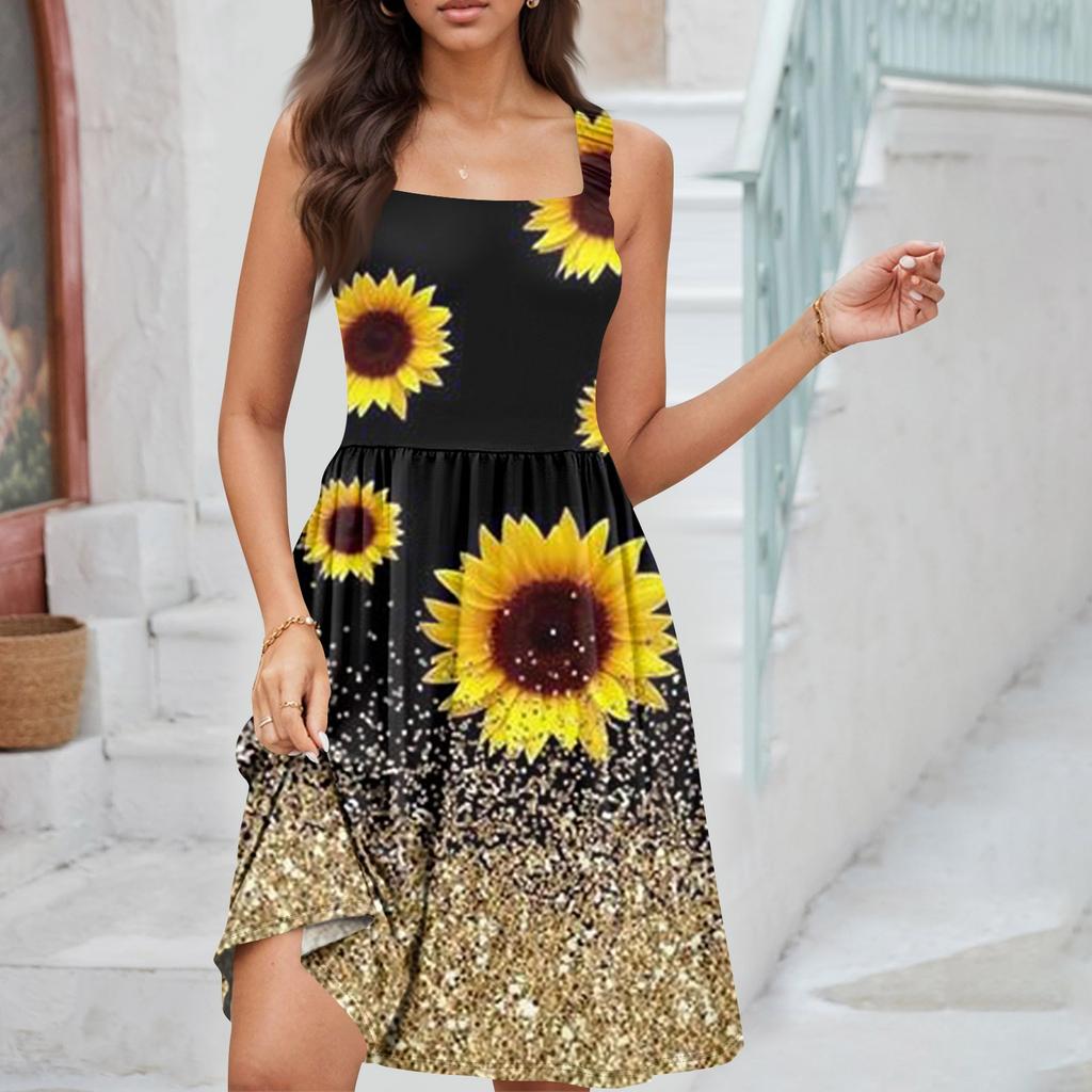 Damen Sommer Casual Square Neck Kleid mit Taschen Süßes ärmelloses A-Linien-Westen-Midikleid mit hoher Taille