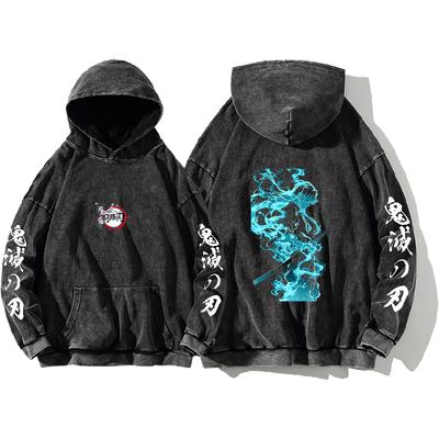 Anime Demon Slayer Tokitou Muichirou Print Hooded Men Women Washed Cotton Hoodies Retro Streetwear Harajuku Oversized Sweatshirt