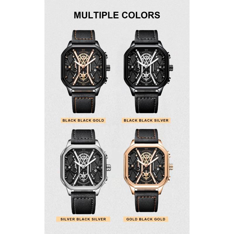 POEDAGAR Fashion Men Wristwatches Luxury Chronograph Luminous Waterproof Date Watch Square Dial Leather Quartz Watches