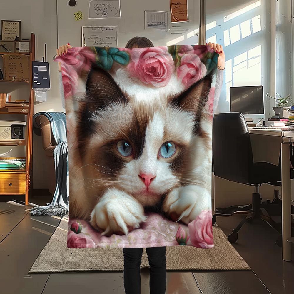 Ragdoll Katze und Rosen Muster Flanelldecke, Hohe Qualität, Bequem für Alle Jahreszeiten, Heimdekoration, Wärme und Komfort, Perfekt für Geschenke.