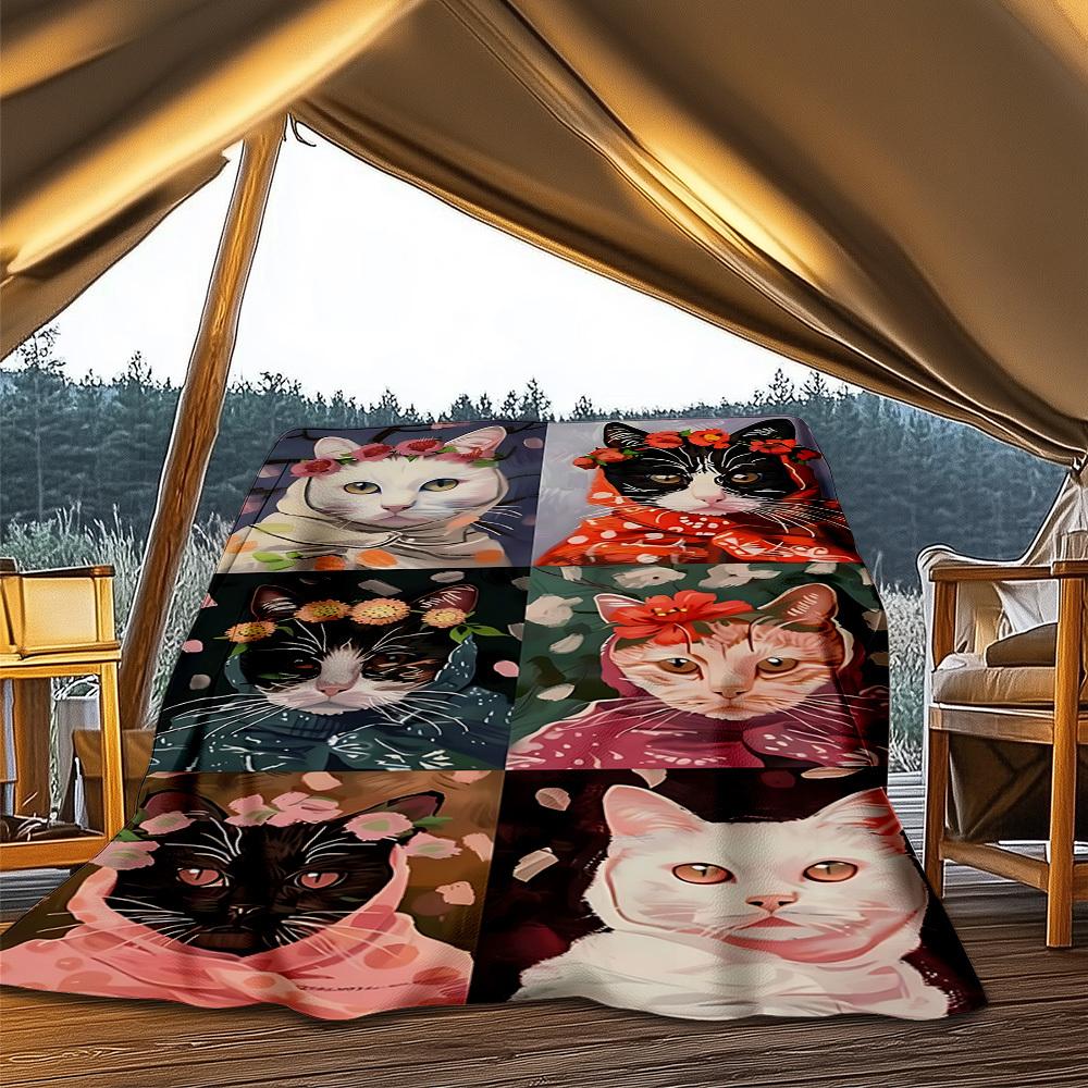 1pc Cat Art Prints Outdoor Flannel Blanket Soft All Season Polyester Throw , Perfect for Picnics & Travel , Picnic Accessory