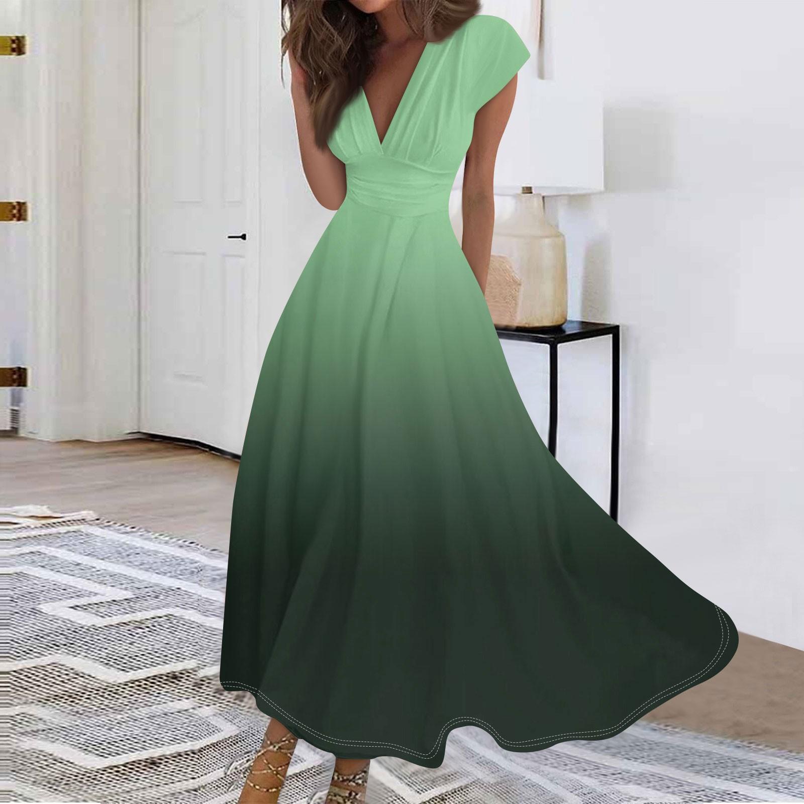 

Women s Fashion Casual Pleated V-Neck Swing Ruffle Short Sleeve Drawstring Gradient Dresses XXL зелёный
