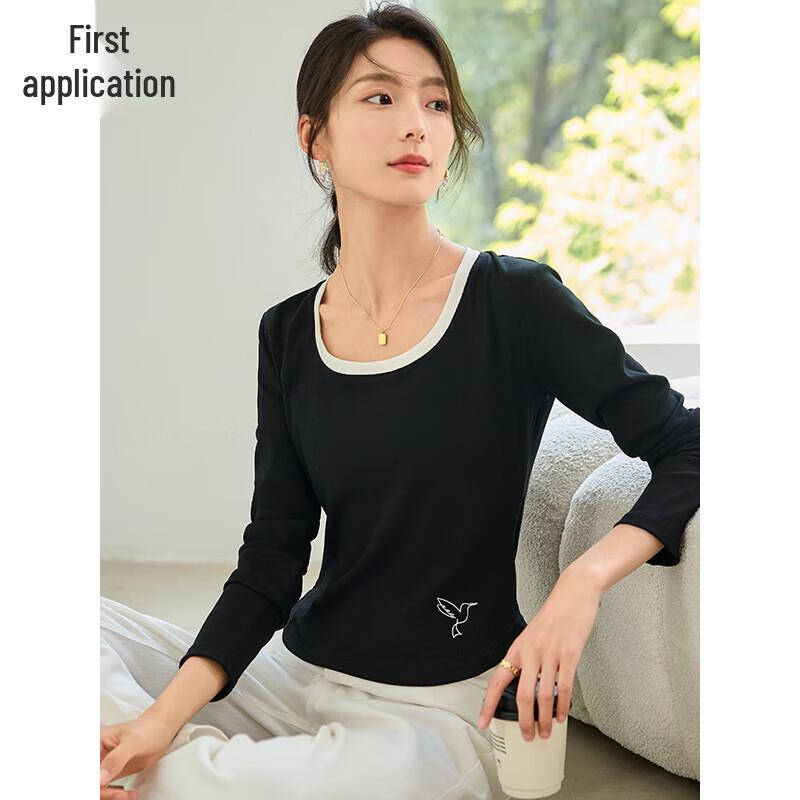 Damen-T-Shirt mit U-Ausschnitt, bestickt, langärmelig