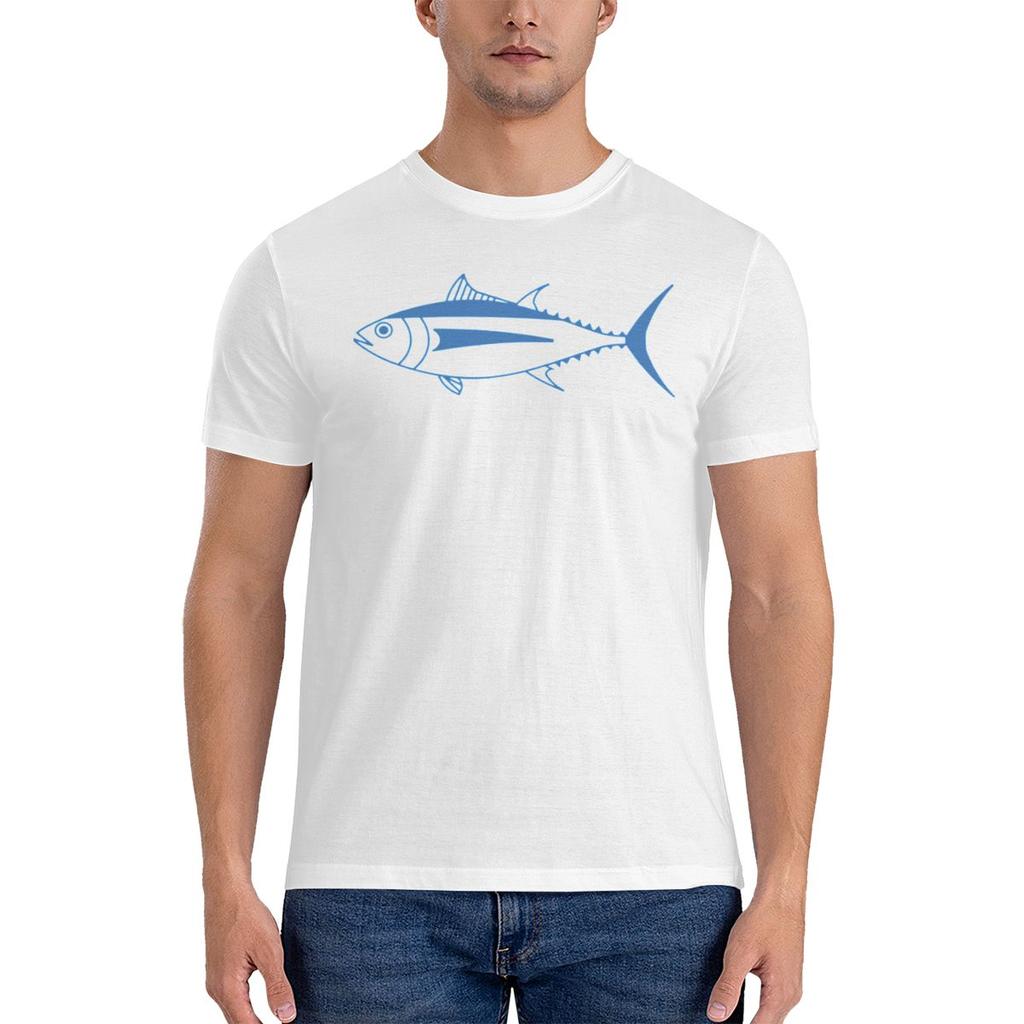 Cute Albacore Tuna Fish In Aegean Blue And White Straight Leg Tshirt Minimalist Commuting Classic Colors Tees