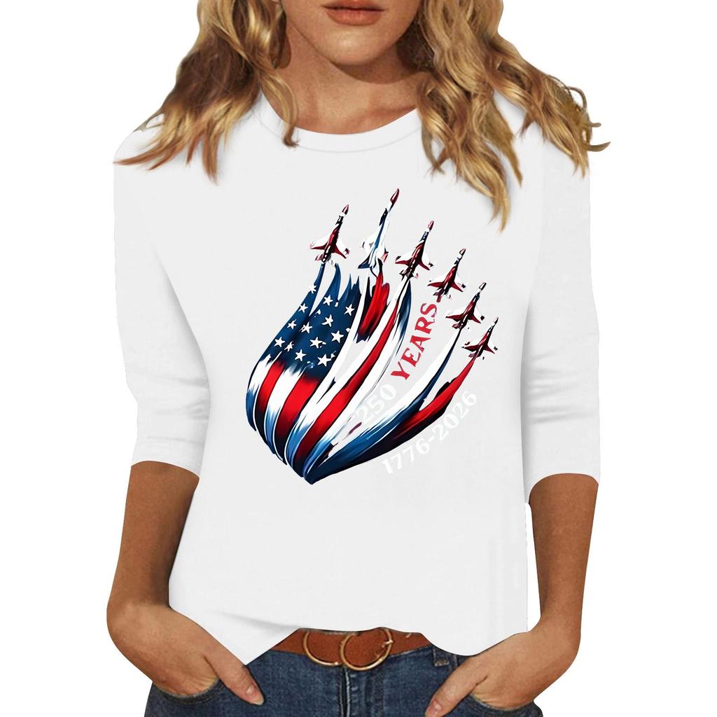 Women's Fashionable Casual Three-Quarter Sleeve 250th Anniversary Independence Day Print Neck Sweater