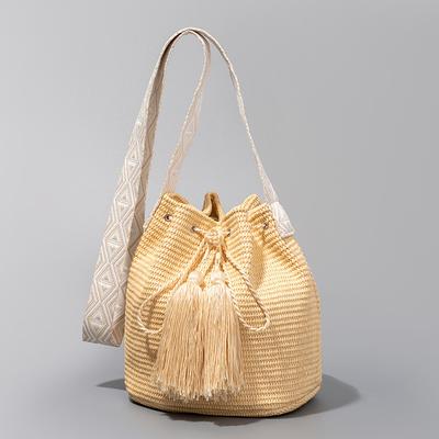 Borsa a secchiello tinta unita da spiaggia estiva stile vacanza borsa in paglia intrecciata borsa a tracolla con coulisse borsa a tracolla con nappa per donna