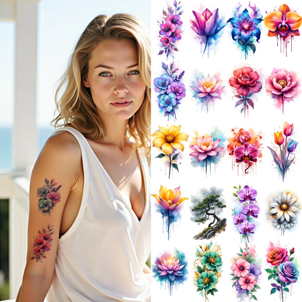 9pcs Temporary Tattoo Waterproof Long-lasting Body Stickers Daisy Sunflower Orchid For Cheeks Shoulders Children