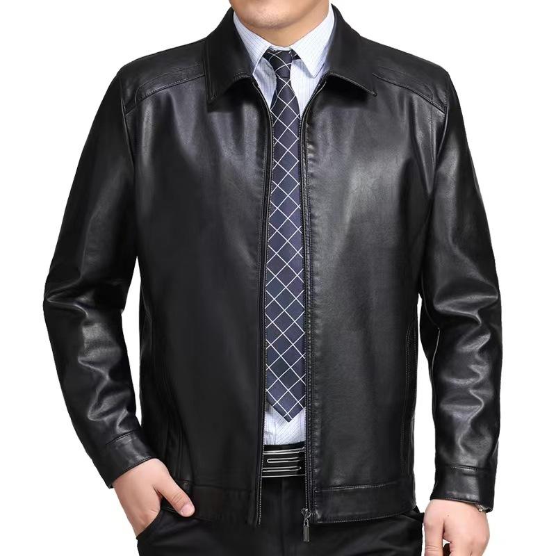 Jaqueta de couro pu masculina de meia-idade, casaco de couro grosso com lã, gola de lapela casual, primavera, outono e inverno