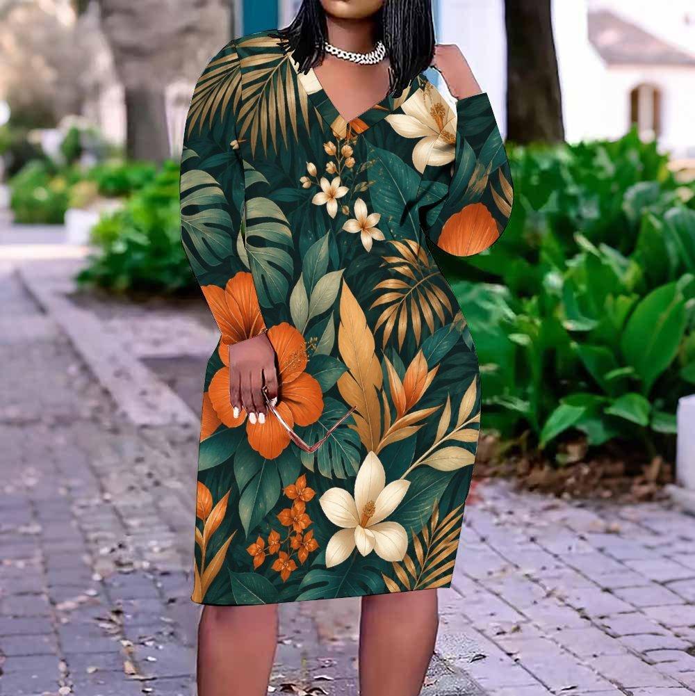 Women Plus Size V Neck Long Sleeve Red Floral Printed Fitted Straight Hem Dress