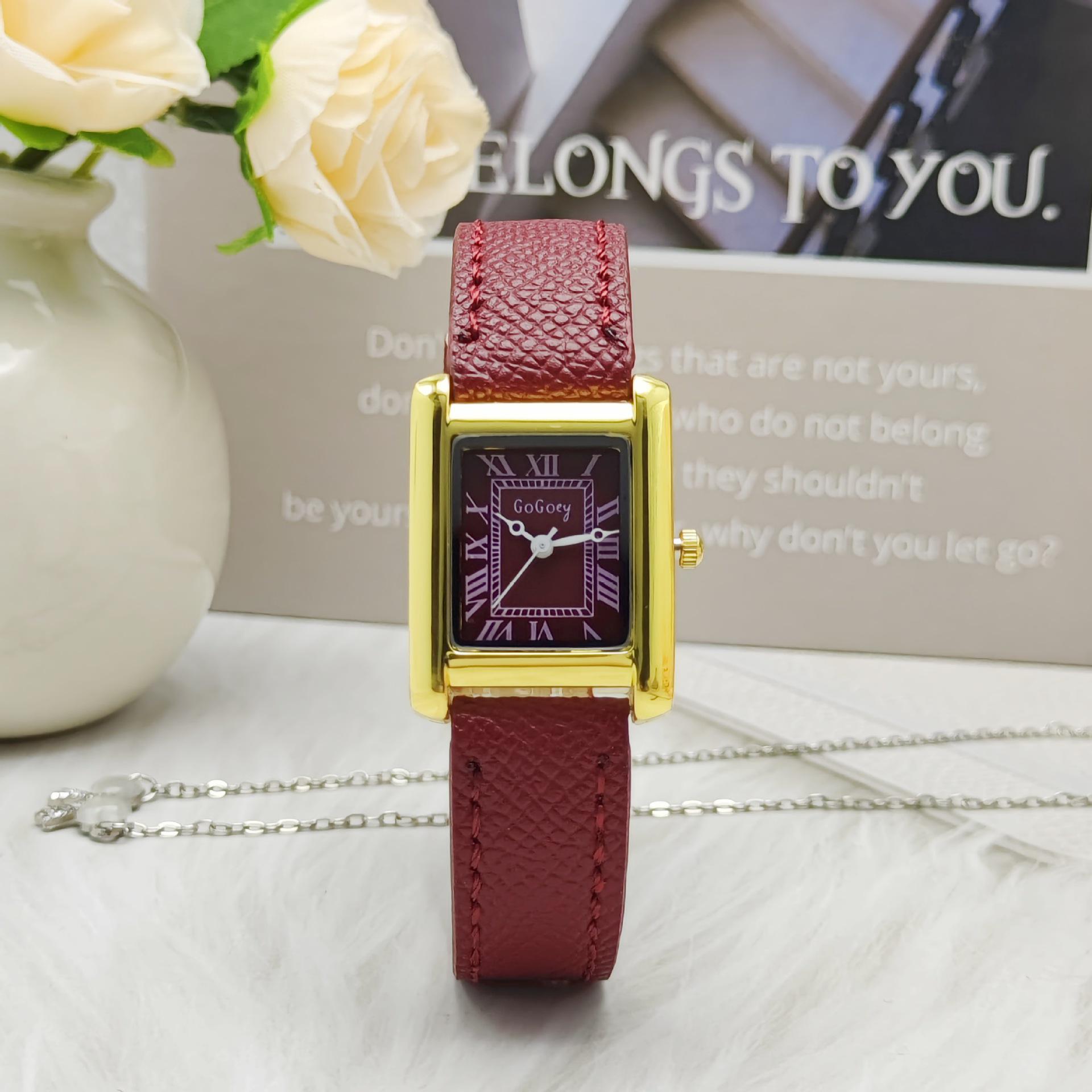 

Высококачественные римские прямоугольные женские часы с кожаным ремешком и кварцевым механизмом