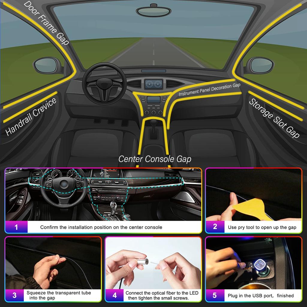 Car Interior LED Light RGB Fiber Optic Ambient Strip Neon Lighting Kit APP Remote Control Auto Decorative Atmosphere Lamps Neon Lights 4