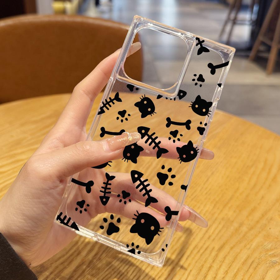 Simple and Creative Cute Fish Cat Claw 14 Plus 13 Pro Max 12 11 Rectangular Right Angled Straight Edge 15 Transparent Phone Case for Iphone 16 Promax