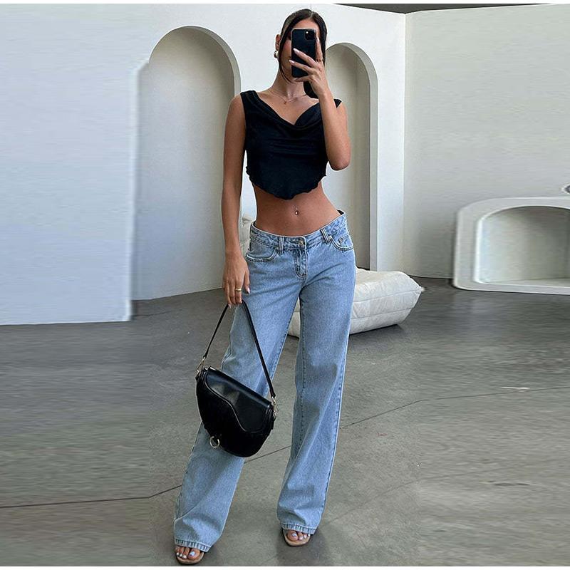 Women's Spring Summer Y2k Light Blue Baggy Pants Low Waist Loose Fit Straight Leg Denim Pants Boyfriend Jeans with Pockets