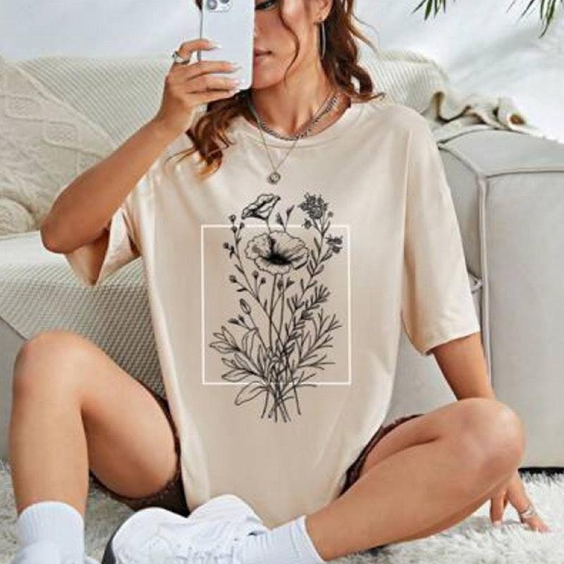 Women Summer Round Collar Cotton Oversize Flower Printed T Shirt - Fashion Short Sleeve Top
