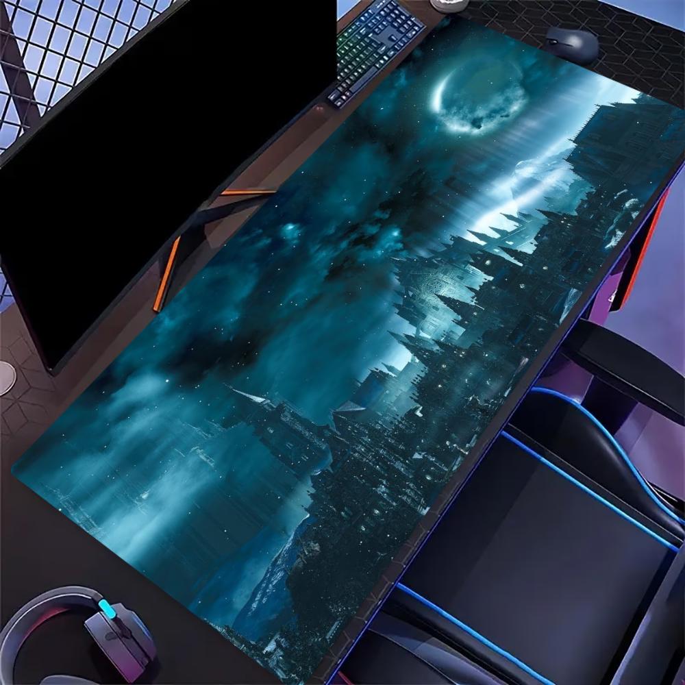 Dark Moon Gothic Castle Print Gaming Mouse Pad Large Desk Mat AntiSlip Rubber Base Stitched Edge Keyboard Mat For Laptop