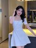 Summer New Small Niche Design Sense Waist Temperament Thin Square Neck Pleated A Word Dress Women