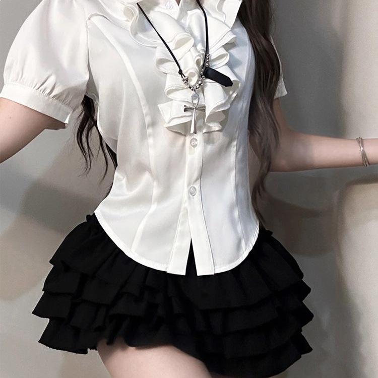 Conjunto de Top com Mangas Bufantes e Saia Fofa Estilo Gótico da Corte Coreana
