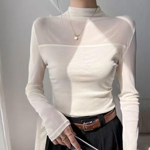 Half High Neck Autumn and Winter Velvet Mesh Top Women's Long Sleeved Lace Shirt Slim Fit T-shirt