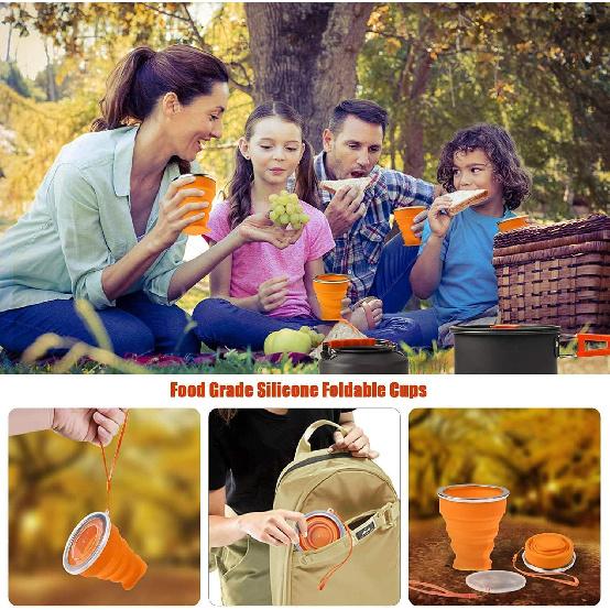 Camping Cooking Set Camping Cookware Outdoor Aluminum Mess Kit with Frying Pan, Pot with Lid, 1.2L Kettle Set and 2 Stainless Steel Plate, 2 Folding