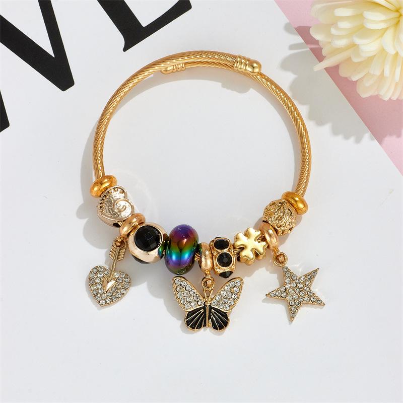 Wind Theme Diamond Heart Beaded Bracelet with Butterfly and Star Charms Stainless Steel Bangle for Girls