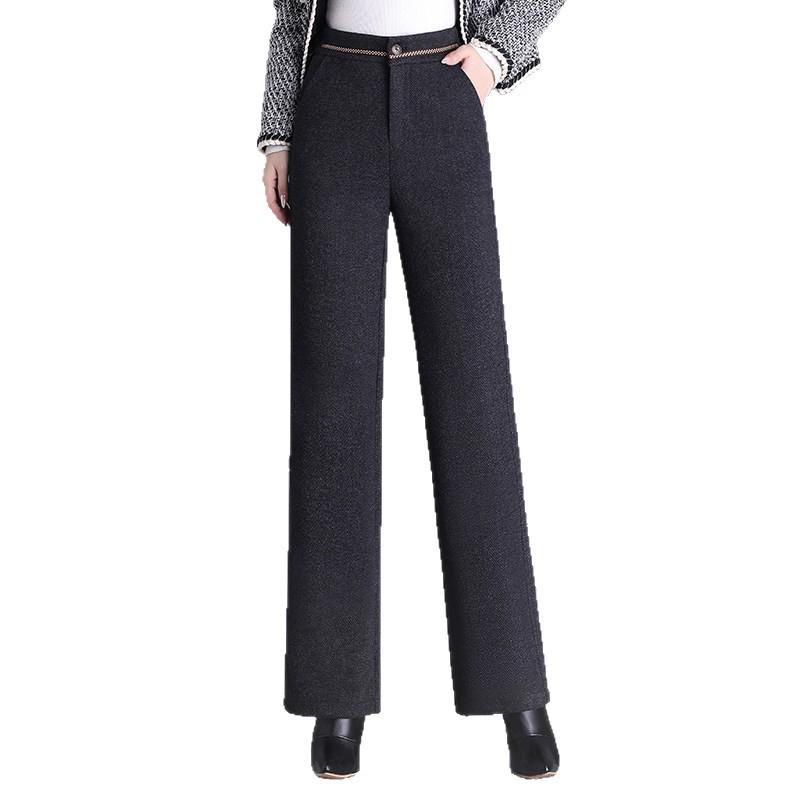 Women's Woolen High-Waisted Wide-Leg Pants - Versatile Spring/Autumn Style, Thickened with Elastic Back, Straight-Leg Trousers