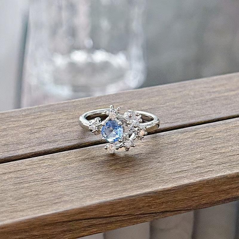 New Niche Light Luxury High Sense Sea Blue Zircon Super Fairy Open Ring Simple Fashion Jewelry Women