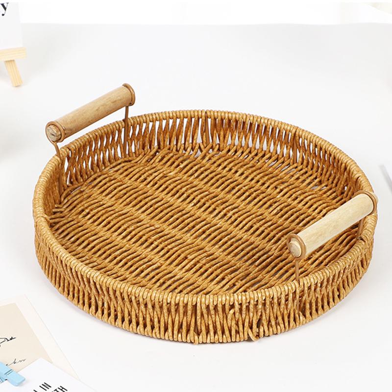 1Pc Plastic Tray Sundry Organizer Tray With Wooden Handle Desktop Decoration Storage Tray Jewelry Placement