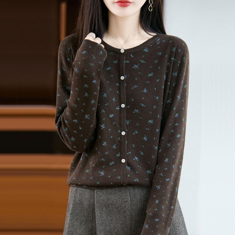 Women Loose Round Neck Jacquard Knit Cardigan Sweater Casual Outerwear